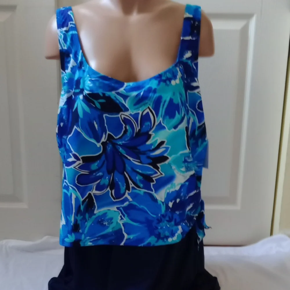 Calypso Cove Floral Skirted One-Piece Swimsuit Tankini Style NWT 20W Blue - Picture 2 of 12